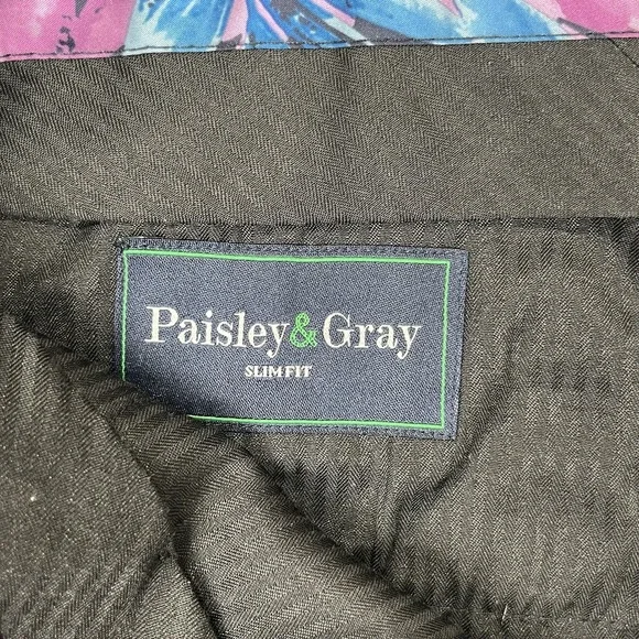 Paisley Gray Pants Mens 34x32 Slim Fit White Blue Seersucker Preppy - Picture 9 of 9